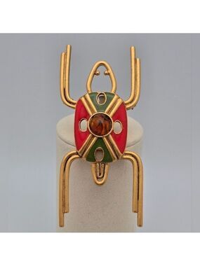 Handmade Beetle Scarab Insect Gold Enamel Amber Statement Brooch
